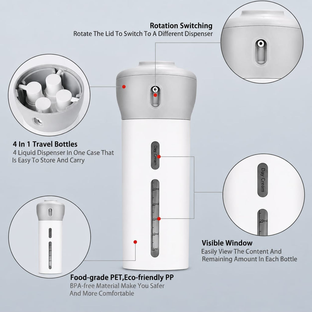 4 in 1 Travel Size Refillable Dispenser Bottle Set | PET Pump Leak-Proof Plastic Containers for Shampoo, Lotion, Cosmetic Liquids | Compact & Portable Travel Toiletries Storage Organizer (Grey)