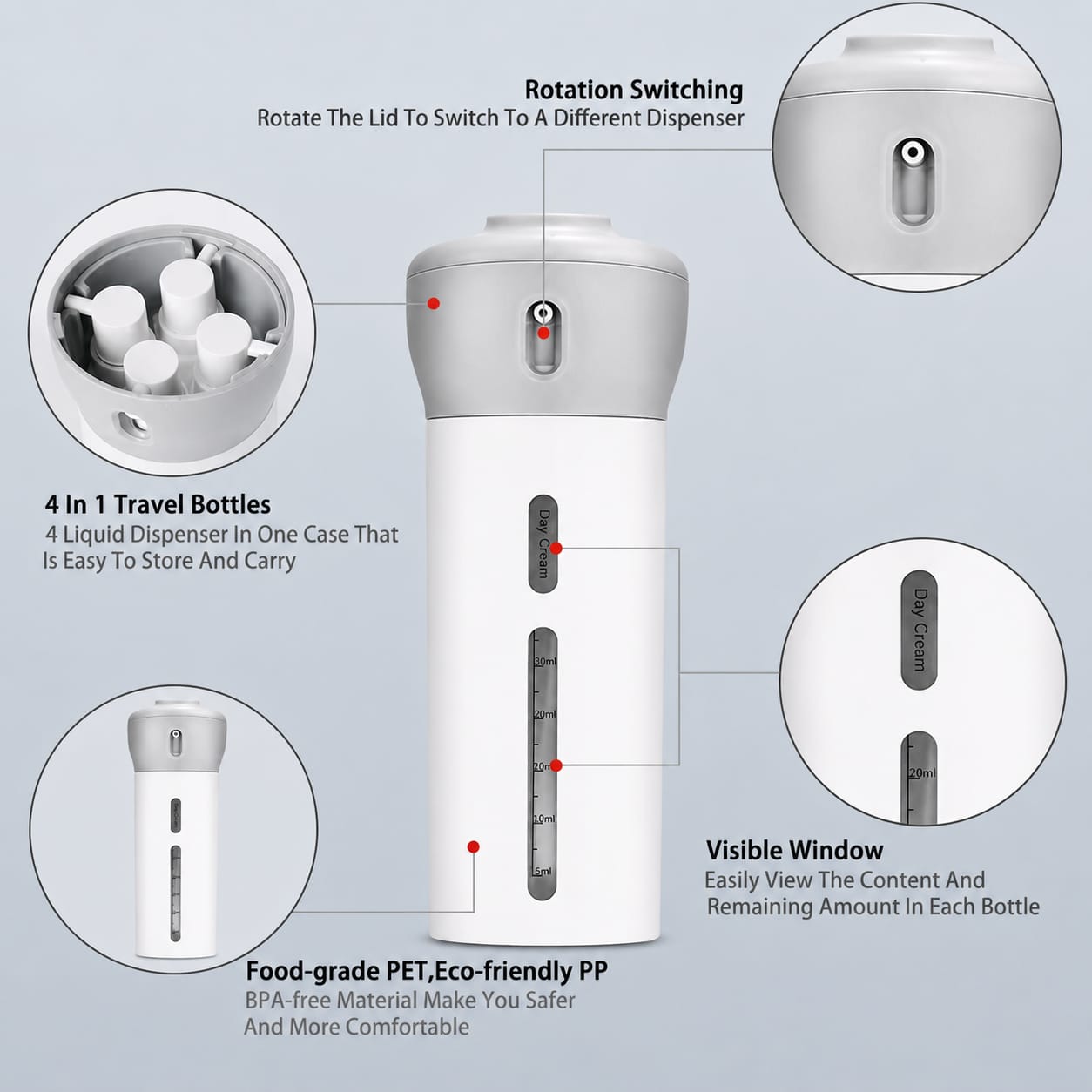 4 in 1 Travel Size Refillable Dispenser Bottle Set | PET Pump Leak-Proof Plastic Containers for Shampoo, Lotion, Cosmetic Liquids | Compact & Portable Travel Toiletries Storage Organizer (Grey)