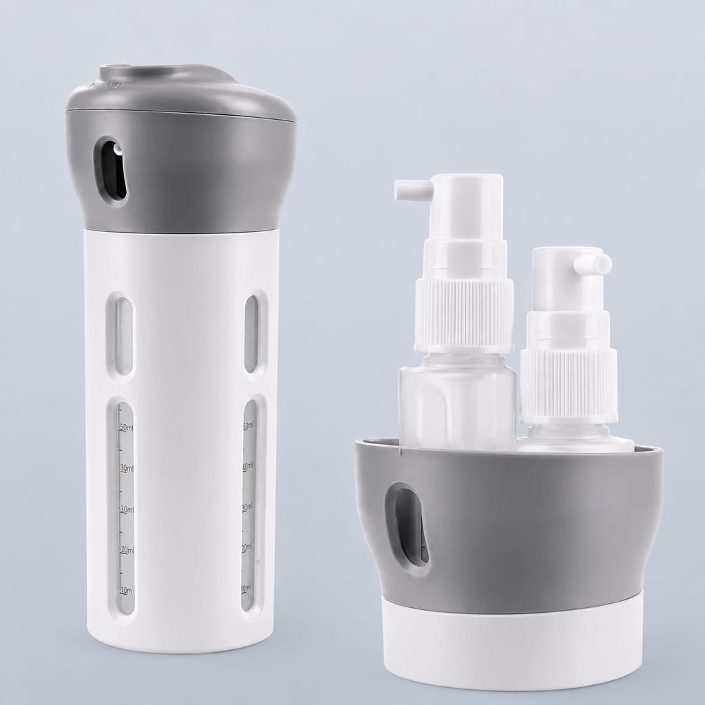 4 in 1 Travel Size Refillable Dispenser Bottle Set | PET Pump Leak-Proof Plastic Containers for Shampoo, Lotion, Cosmetic Liquids | Compact & Portable Travel Toiletries Storage Organizer (Grey)