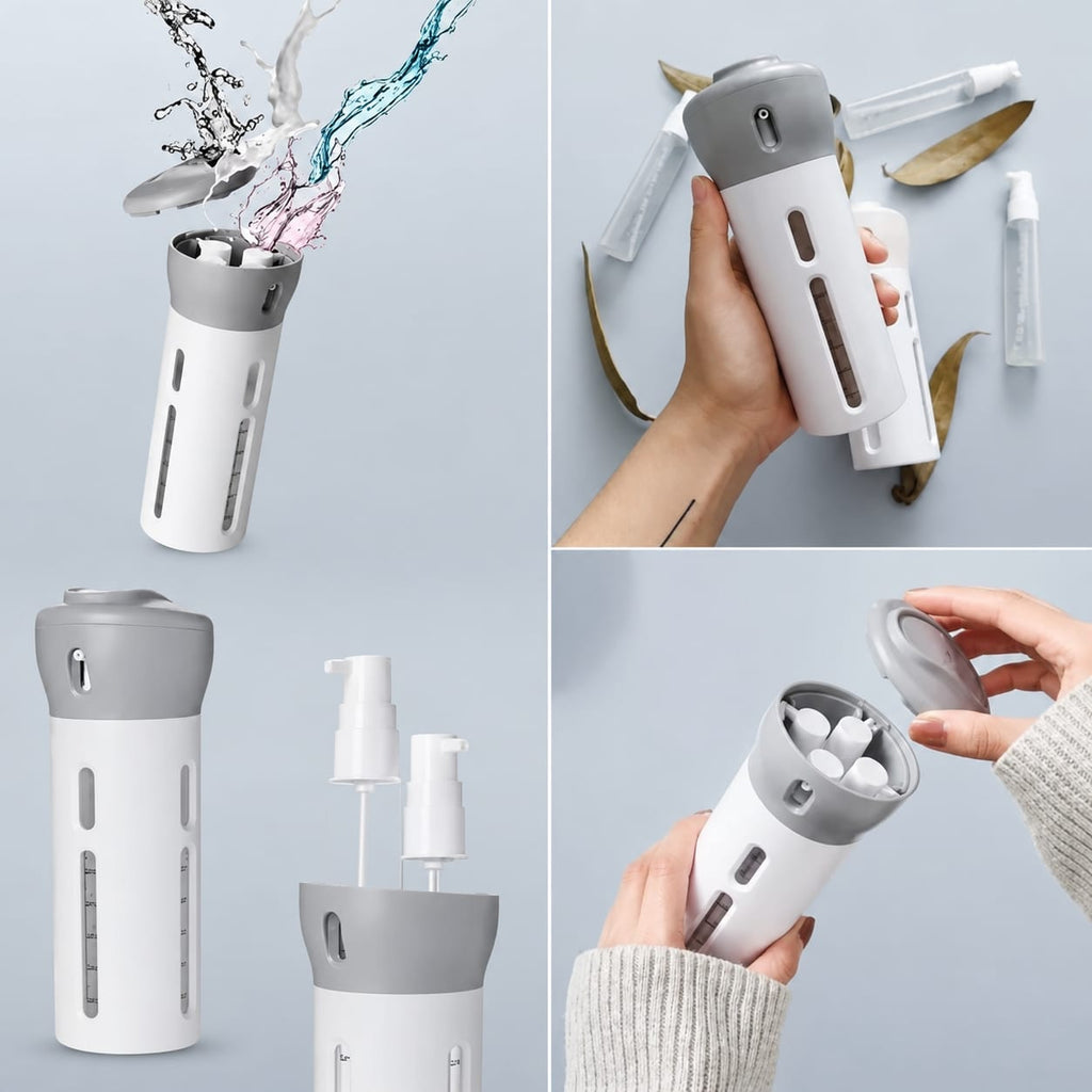 4 in 1 Travel Size Refillable Dispenser Bottle Set | PET Pump Leak-Proof Plastic Containers for Shampoo, Lotion, Cosmetic Liquids | Compact & Portable Travel Toiletries Storage Organizer (Grey)